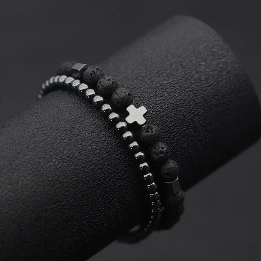 Motion | Bracelet Perle Rune de Croix Duo Minimaliste Équilibre, Force et Élégance Naturelle pour homme
