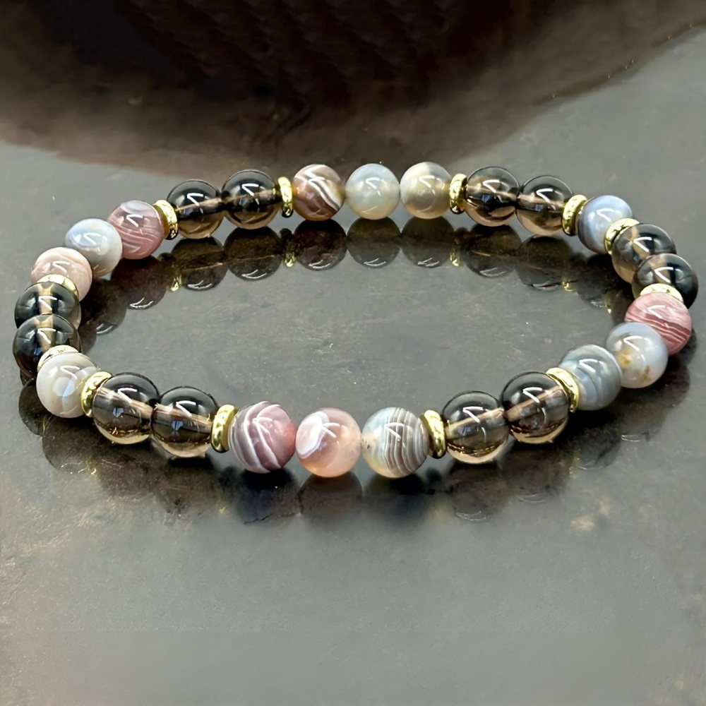 Bracelet Perle Botswana Agate & Quartz Fumé