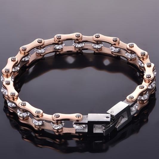 Mechania | Bracelet Biker Rose Doré – Acier Inoxydable & Strass Étincelants pour femme